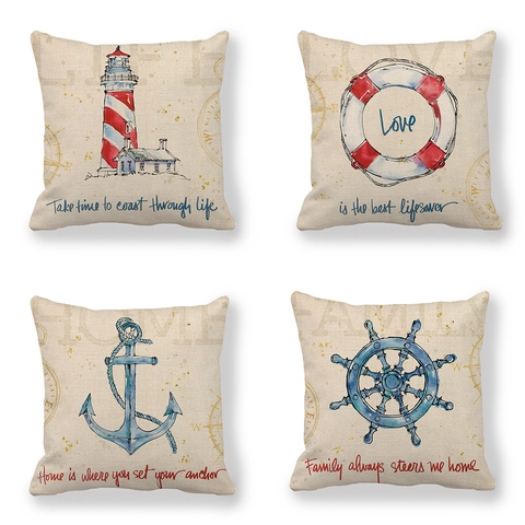 Vintage Nautical Linen Throw Pillow Cover Decorative Lighthouse Anchor Helm Lifebuoy Square Cushion Case For Sofa Home Decor