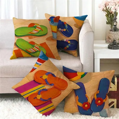Funda de Almohada de Lino de Chanclas de Playa de Verano Estilo Pintura al Óleo Impresión Digital Decorativa para Sofá de Casa