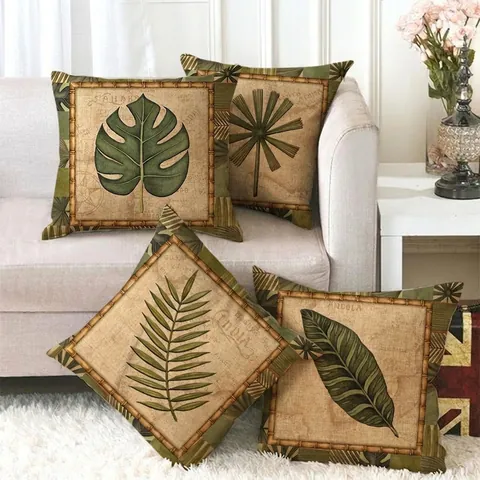 Tropischer Monstera Palmenblatt Leinen Kissenbezug Vintage Karten Design Dekokissenbezug Für Sofa Wohnzimmer Home Dekor