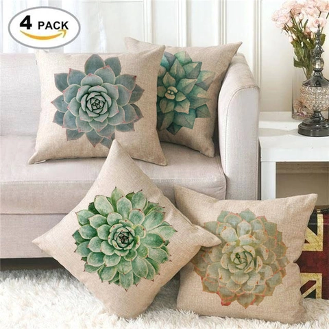 Fodera per Cuscino in Lino con Piante Grasse Copricuscino Quadrato Decorativo Motivo Piante ad Acquerello per Divano Casa