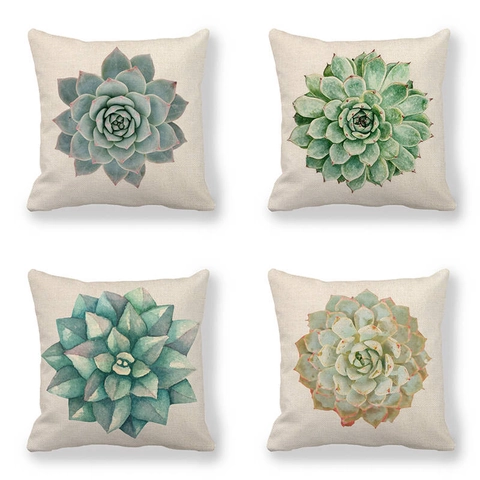 Fodera per Cuscino in Lino con Piante Grasse Copricuscino Quadrato Decorativo Motivo Piante ad Acquerello per Divano Casa