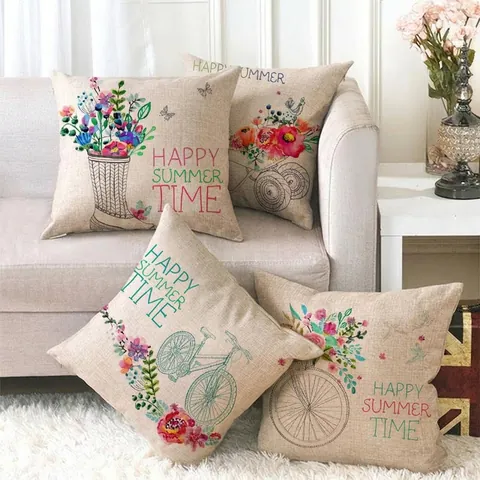 Fresh Linen Throw Pillow Case Happy Summer Time Flower Bicycle Pattern Decorative Cushion Cover For Home Sofa Decor