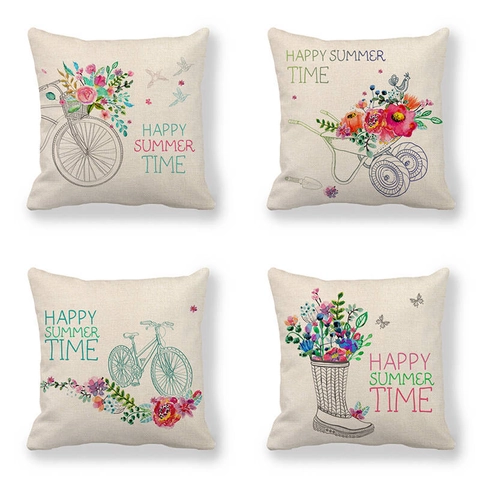 Fresh Linen Throw Pillow Case Happy Summer Time Flower Bicycle Pattern Decorative Cushion Cover For Home Sofa Decor