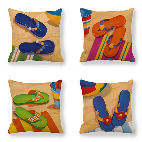 Funda de Almohada de Lino de Chanclas de Playa de Verano Estilo Pintura al Óleo Impresión Digital Decorativa para Sofá de Casa