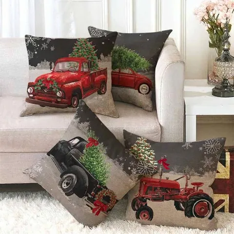 Vintage Christmas Linen Pillowcase Cushion Cover Retro Car Christmas Tree Snowflake Printed Decorative Throw Pillow Case For Home Sofa Car Without Insert