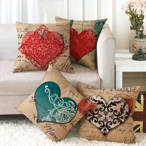 Vintage Heart Linen Throw Pillow Cover Valentine Day Decorative Postcard Style Cushion Case For Sofa Home Decor