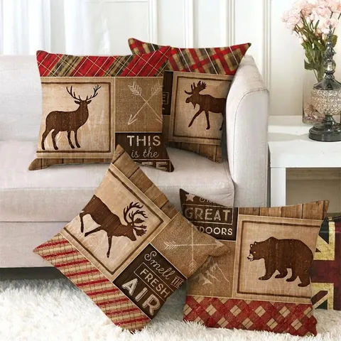 Rustikales Wildtier Kissenbezug Leinen Vintage Hirsch Bär Kariert Holzmuster Dekorativer Kopfkissenbezug Heimdekor