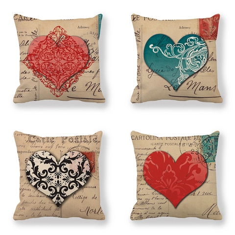 Vintage Heart Linen Throw Pillow Cover Valentine Day Decorative Postcard Style Cushion Case For Sofa Home Decor