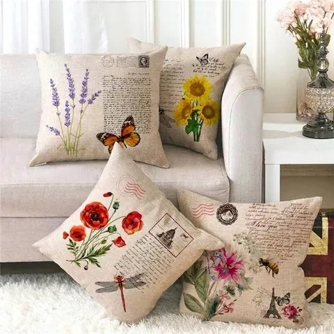 Vintage Blumen Insekten Kissenbezug Leinen Baumwolle Mischung Retro Handschrift Quadratischer Deko Kissenhülle