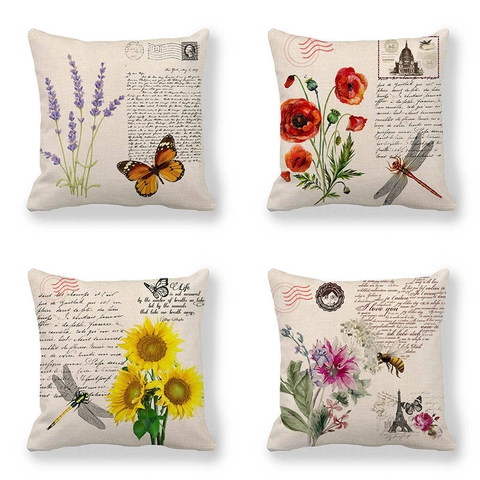Vintage Blumen Insekten Kissenbezug Leinen Baumwolle Mischung Retro Handschrift Quadratischer Deko Kissenhülle