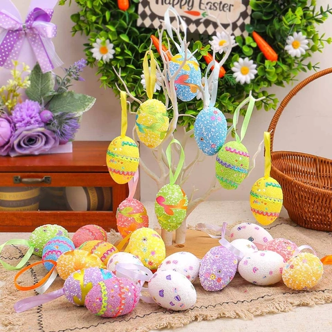 Uova Di Pasqua Ornamenti Appesi Schiuma Perline Luccicanti Colorate Nastro Modelli Decorazione Per Feste