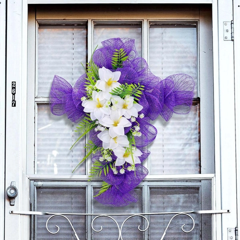 Purple Mesh Cross Wreath Simulation White Lilies Green Leaves Easter Religious Memorial Door Wall Hanging Decoration