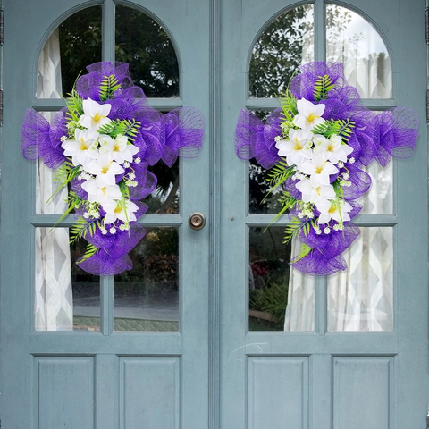 Purple Mesh Cross Wreath Simulation White Lilies Green Leaves Easter Religious Memorial Door Wall Hanging Decoration