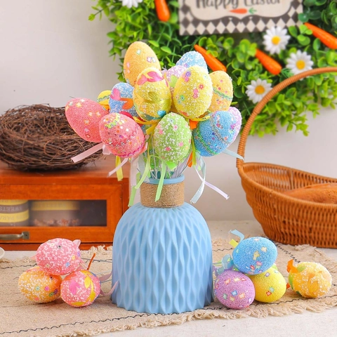 Easter Egg Decoration Picks Foam Colorful Speckled Eggs Stakes With Ribbon Bows For Vase Filler Home Party Decor