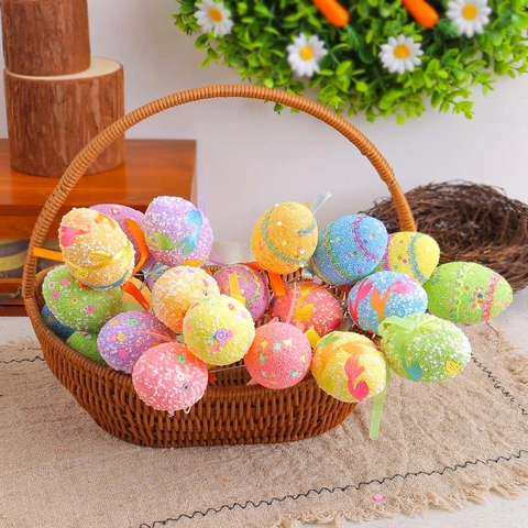 Easter Egg Decoration Picks Foam Colorful Speckled Eggs Stakes With Ribbon Bows For Vase Filler Home Party Decor