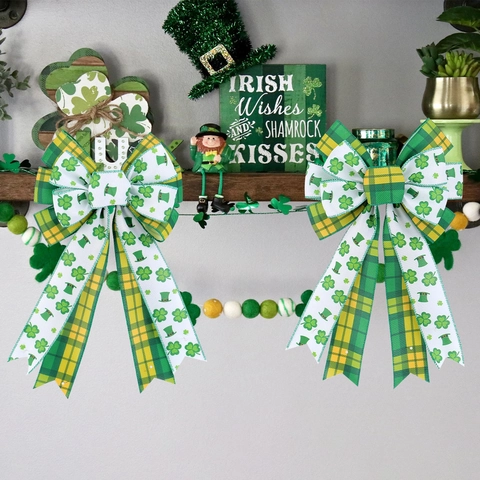 Large St Patricks Day Decorative Bow Green Shamrock Plaid Leprechaun Hat Design Polyester Ribbon For Wreath Home Party Decor
