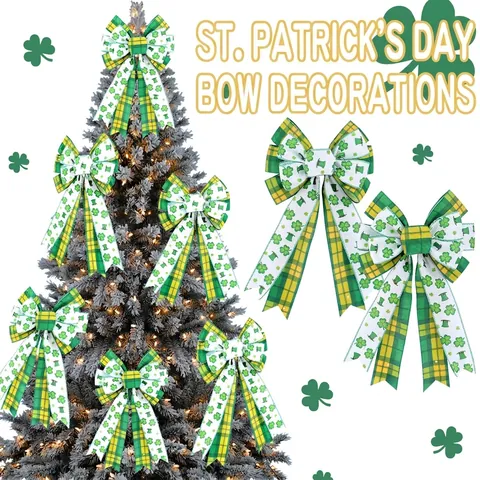 Large St Patricks Day Decorative Bow Green Shamrock Plaid Leprechaun Hat Design Polyester Ribbon For Wreath Home Party Decor