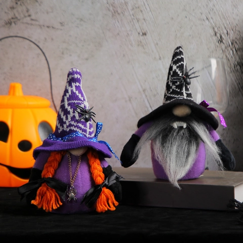 Gnome d'Halloween en Peluche Araignée Vampire Poupée Sans Visage Ornements de Table pour Fête Maison Décoration Festive Violet Noir