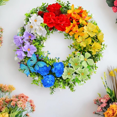 Artificial Rainbow Flower Wreath With Blue Butterfly For Front Door Hanging Home Wedding Party Garden Wall Decoration