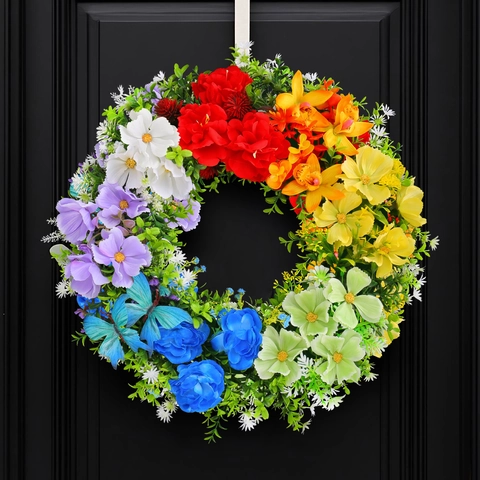 Artificial Rainbow Flower Wreath With Blue Butterfly For Front Door Hanging Home Wedding Party Garden Wall Decoration