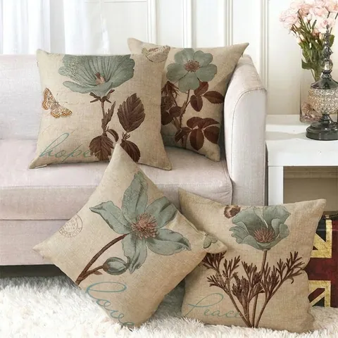 Vintage Floral Butterfly Linen Throw Pillow Case Botanical Hand Painted Decorative Cushion Cover For Living Room Sofa Home Decor