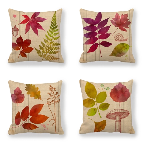 Autumn Fall Leaves Linen Pillowcase Watercolor Botanical Maple Leaf Mushroom Cushion Cover For Living Room Sofa Decor