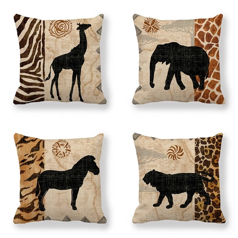 Afrika Safari Wildtiere Tierdruck Leinen Kissenbezüge Tribal Leopard Zebra Giraffe Vintage Karte Quadratisch Dekorativ