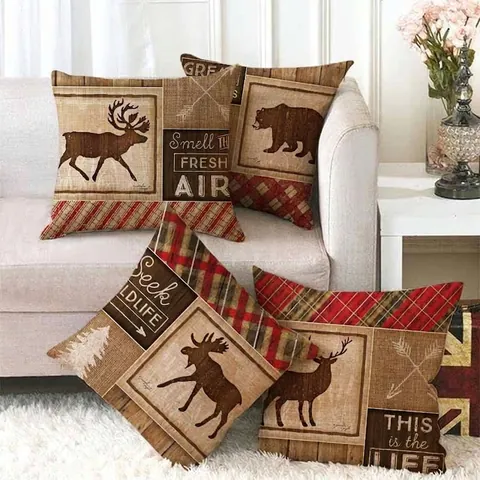 Housse de Coussin de Noël en Lin Rustique Animaux Sauvages Élan Ours Carreaux Écossais Taie d'Oreiller Décorative pour Canapé Maison