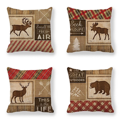 Housse de Coussin de Noël en Lin Rustique Animaux Sauvages Élan Ours Carreaux Écossais Taie d'Oreiller Décorative pour Canapé Maison