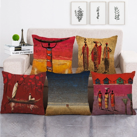 Kissenbezug Leinen Afrika Tribal Frauen Ölgemälde Dekorativer Kissenhülle Quadratisch Ethnische Kunst