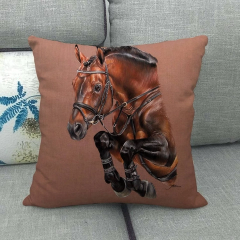 Vintage Horse Head Portrait Linen Cushion Cover Retro Realistic Animal Print Decorative Pillow Case For Sofa Home Office Decor