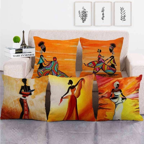 African Woman Portrait Linen Decorative Pillowcase Ethnic Tribal Art Oil Painting Style Throw Pillow Cover For Home Sofa