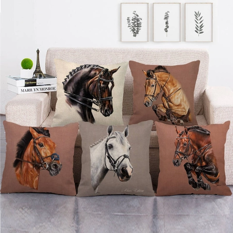 Vintage Horse Head Portrait Linen Cushion Cover Retro Realistic Animal Print Decorative Pillow Case For Sofa Home Office Decor
