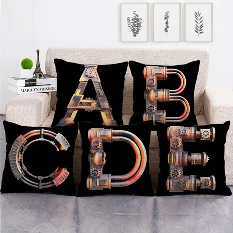 Steampunk Industrial 3D Mechanical Letter Cushion Cover Square Linen Pillowcase For Sofa Living Room Home Decor Alphabet Pillow Protector