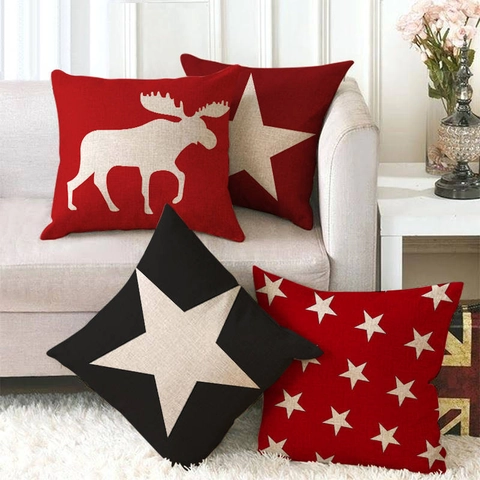 Square Throw Pillow Covers Linen Cotton Christmas Stars Elk Patterns Decorative Cushion Cases For Sofa Home Decor