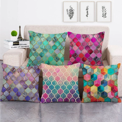 Decoratieve Kussenhoes Linnen Marokkaans Hekwerk Geometrisch Aquarelpatroon Sofa Kussensloop Woondecoratie