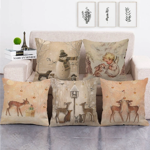 Vintage Christmas Linen Pillowcases Winter Deer Snowman Illustration Decorative Cushion Covers For Sofa Home Decor Square