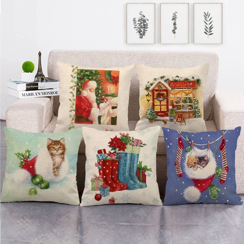 Federe Decorative Natalizie In Lino Copricuscini Festivi Decorazione Invernale Per Divano Quadrati