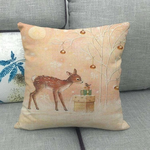Vintage Christmas Linen Pillowcases Winter Deer Snowman Illustration Decorative Cushion Covers For Sofa Home Decor Square