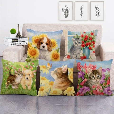 Federa per Cuscino Decorativa in Lino Acquerello Animale Gatto Cane Stampa Floreale Cuscino per Divano Casa Soggiorno