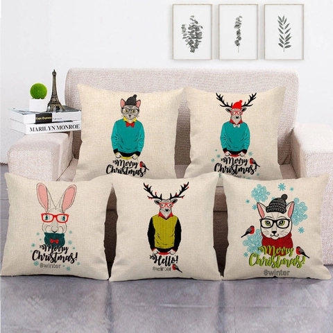 Funda De Almohada Decorativa Textura Lino Estampado Animales Dibujos Animados Feliz Navidad Tema Invierno Funda De Cojín Sofá