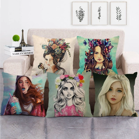 Modern Artistic Female Portrait Illustration Linen Pillowcase Decorative Female Face Print Square Cushion Cover For Sofa Living Room Home Decor