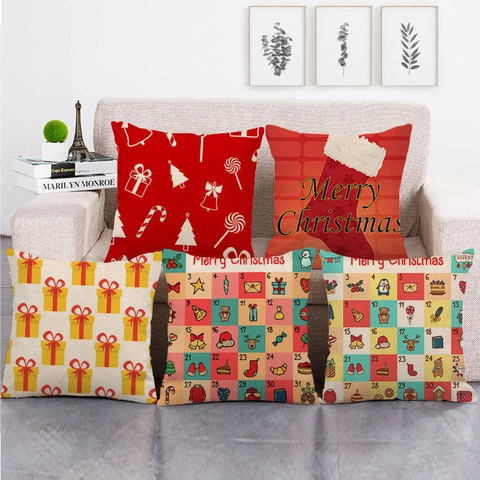 Weihnachten Kissenbezug Leinen Baumwolle Quadratisch Dekorative Kissenhülle Rentier Adventskalender Xmas Home Decor