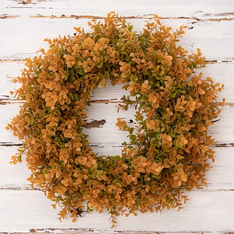 Ghirlanda Artificiale di Eucalipto Autunnale in Plastica PVC Foglie Arancioni Gialle per Decorazione Porta Parete Giorno del Ringraziamento