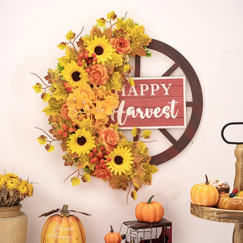 Autumn Thanksgiving Sunflower Wreath Maple Leaf Berries Rustic Wooden Wheel Happy Harvest Sign Front Door Hanging Decor