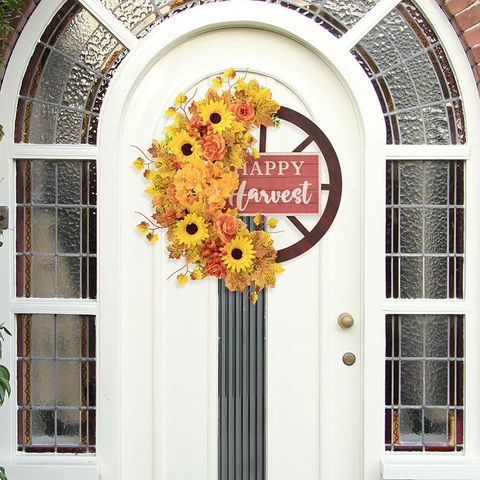Autumn Thanksgiving Sunflower Wreath Maple Leaf Berries Rustic Wooden Wheel Happy Harvest Sign Front Door Hanging Decor