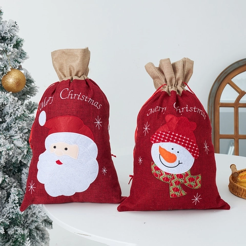Sacchetto Regalo di Natale in Tela di Juta Con Coulisse Babbo Natale Pupazzo di Neve Sacchetto Per Caramelle Per Decorazione Festa Bambini Confezione Regalo