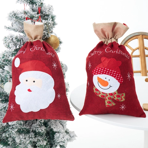 Sacchetto Regalo di Natale in Tela di Juta Con Coulisse Babbo Natale Pupazzo di Neve Sacchetto Per Caramelle Per Decorazione Festa Bambini Confezione Regalo