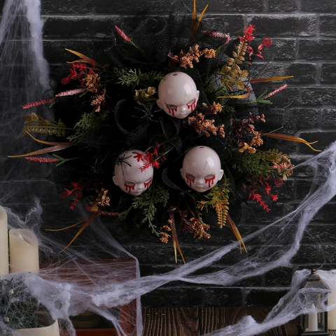 Ghirlanda Horror Di Halloween Con Teste Di Bambino Insanguinate Maglia Nera Ragni Gotico Decorazione Della Parete Della Porta