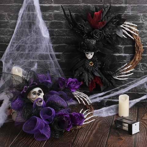 Gothic Halloween Skelet Krans Schedel Roos Gaas Decor Voor Voordeur Muur Feest Thuis Spookhuis Scene Layout